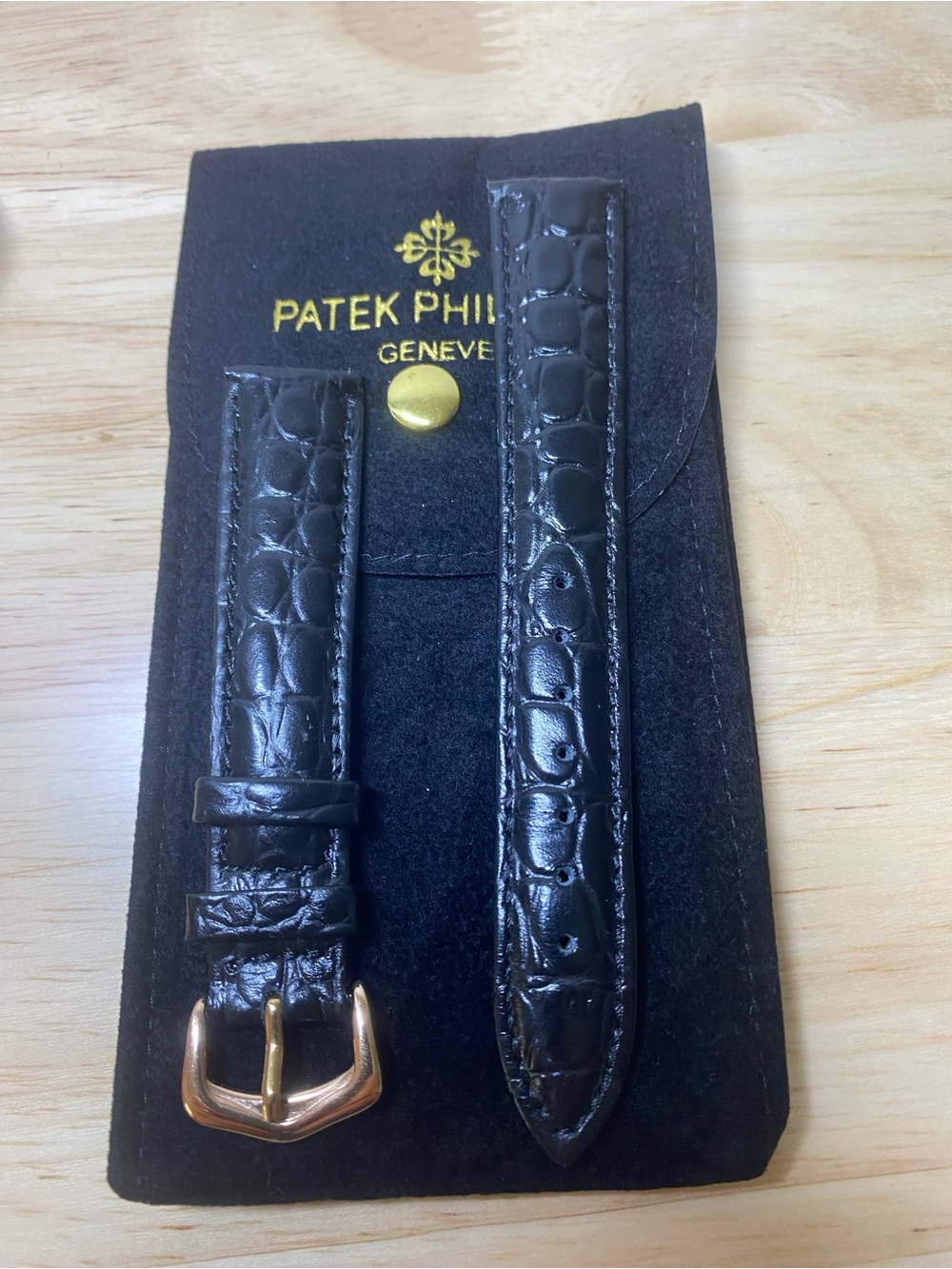 Patek Philippe Black  Leather Watch Strap Gold Rose plated Buckle 18mm